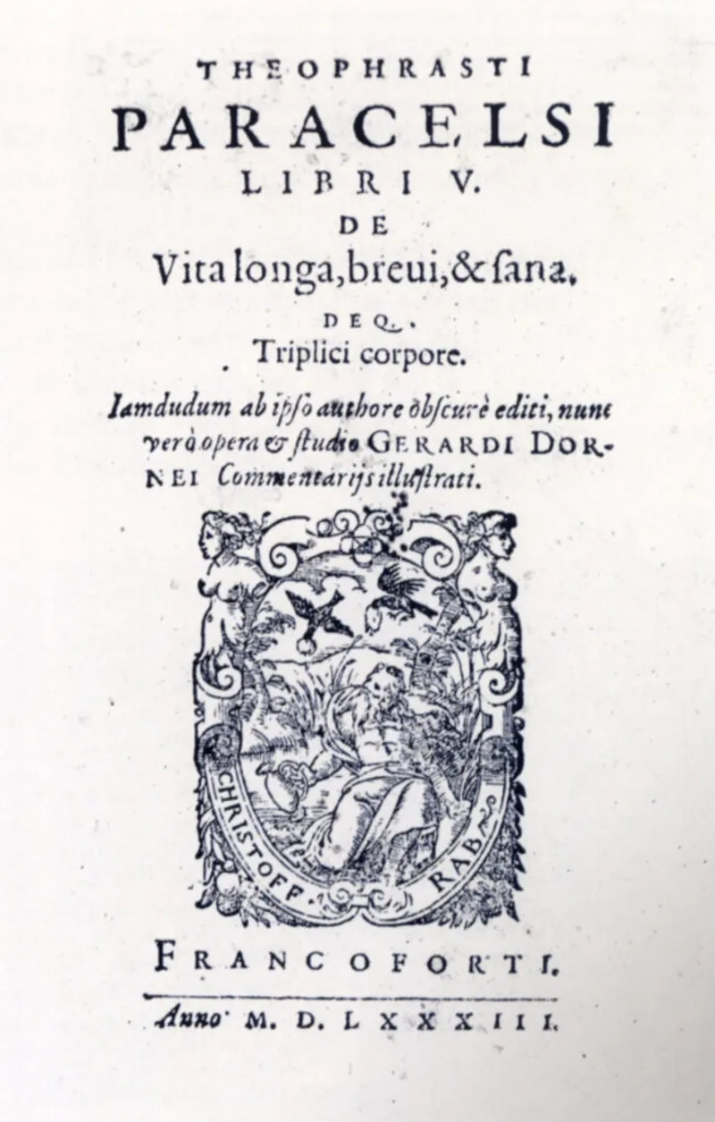 The cover of Paracelsus' De Vita Longa, showing his medical ideas on health and longevity.