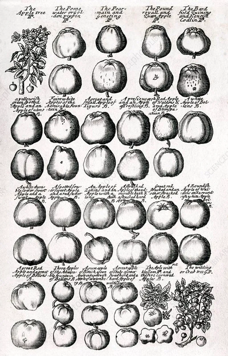 Apple varieties in a herbal from the 1680s. Credit: George Bernard (Science Photo Library).