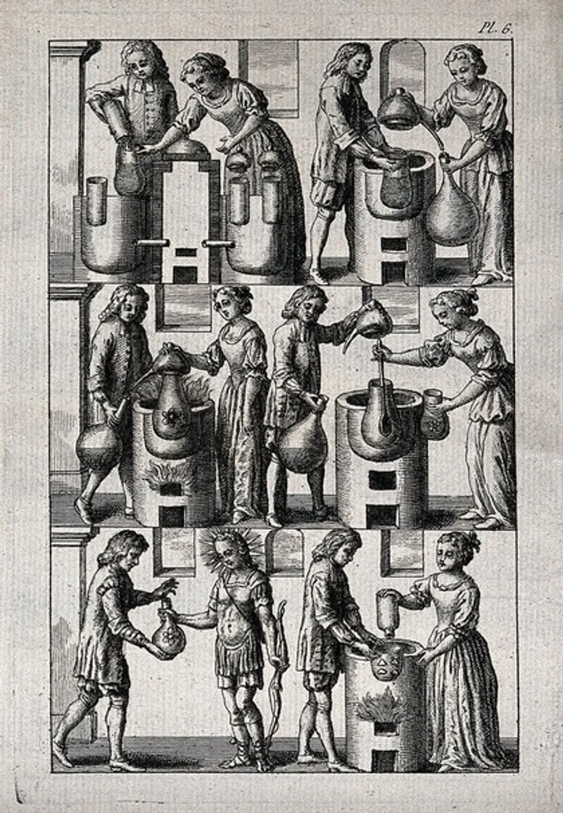 Engraving depicting various alchemical processes, illustrating the diverse techniques used in Renaissance alchemy. Credit: Wellcome Collection