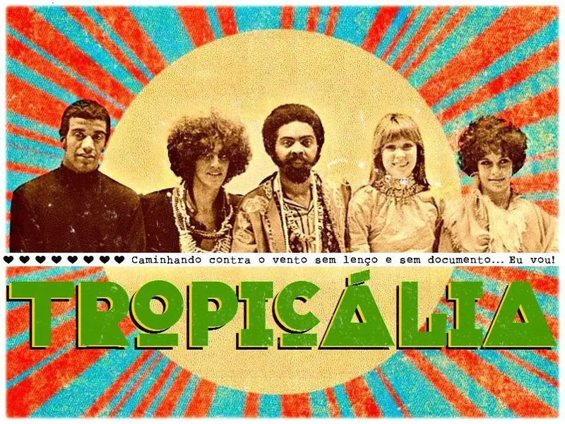 Tropicália movement poster featuring key musicians like Caetano Veloso and Gilberto Gil, blending music, art, and counterculture.