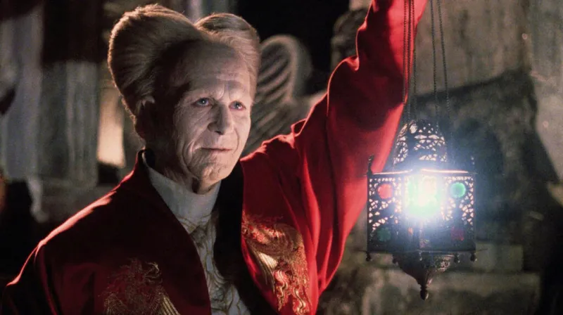 A scene from Francis Ford Coppola’s 1992 film adaptation of Bram Stoker’s Dracula, showing the aged Dracula holding a lantern.