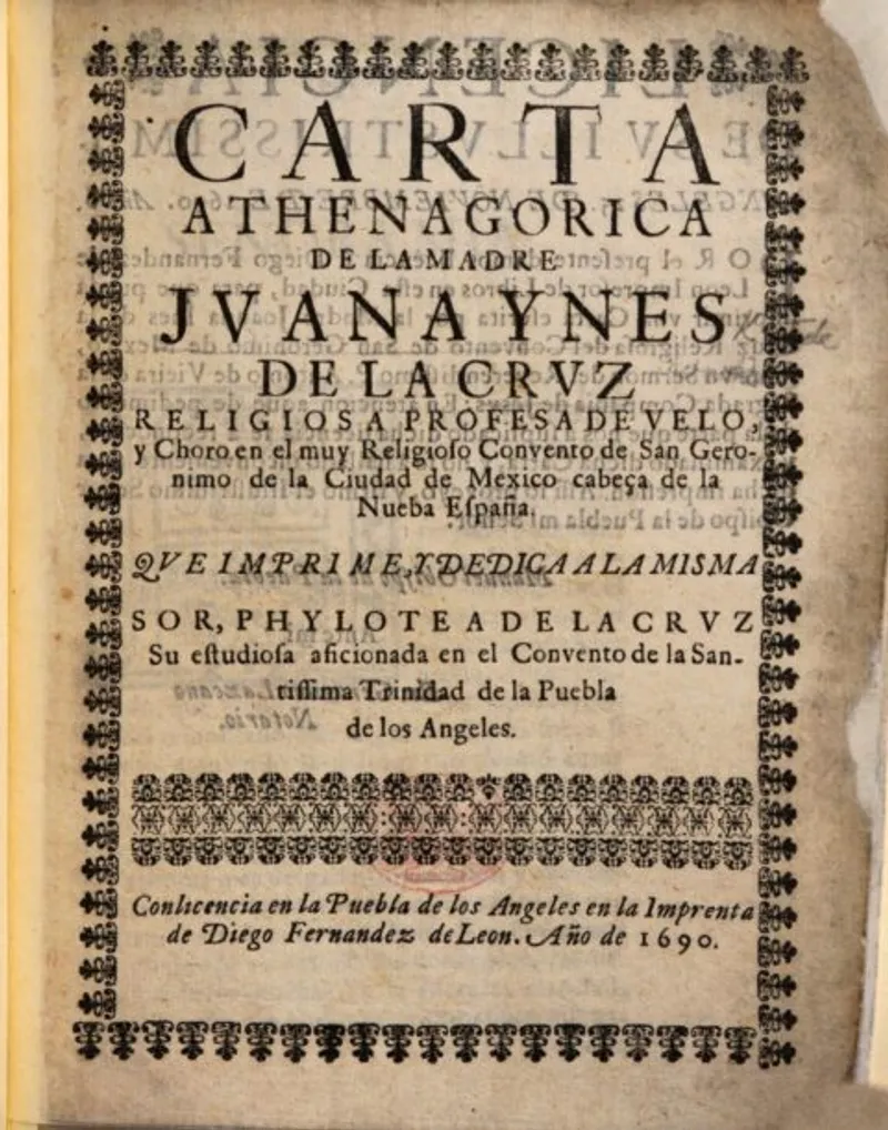 Title page of the 1690 edition of Carta Atenagórica (Letter Worthy of Athena), Sor Juana’s controversial critique published by "Sor Filotea".
