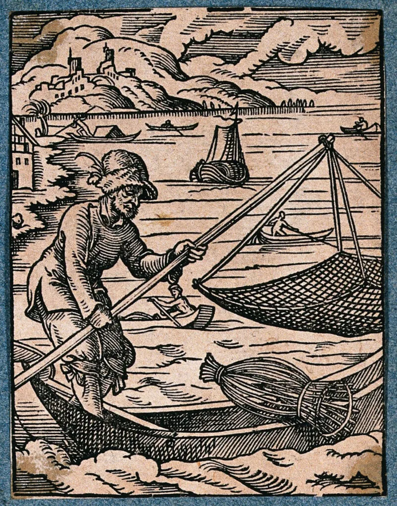 Woodcut of a fisherman at work, depicting physical exercise through daily activities.