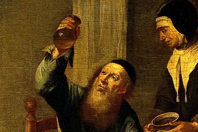 A close-up of a physician examining a urine flask with another figure holding a bowl. Detail from a 17th-century painting.