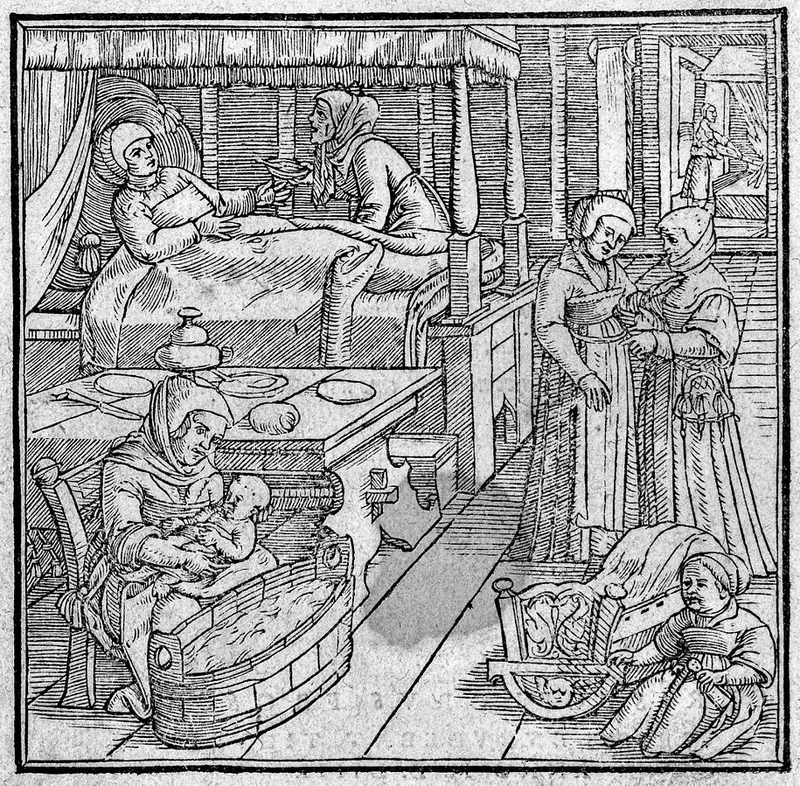 The all-female world of childbirth depicted in a 17th-century engraving, 'The Lying-In'. (Wellcome Images)