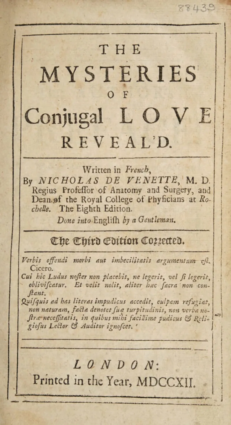 Title page of Nicolas Venette’s The Mysteries of Conjugal Love Reveal’d (1712 English edition), a widely circulated early modern guide to sex and marriage. (Image credit: Wellcome Collection)