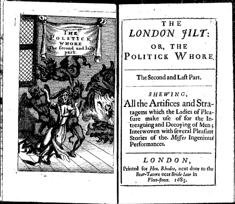 Frontispiece and title page of The London Jilt; or, The Politick Whore (1683), a popular Restoration-era narrative about the strategies and deceptions of a fictional courtesan. The image corresponds to a scan from the Pierre Marteau online archive. (Image credit: Pierre Marteau Digital Library)