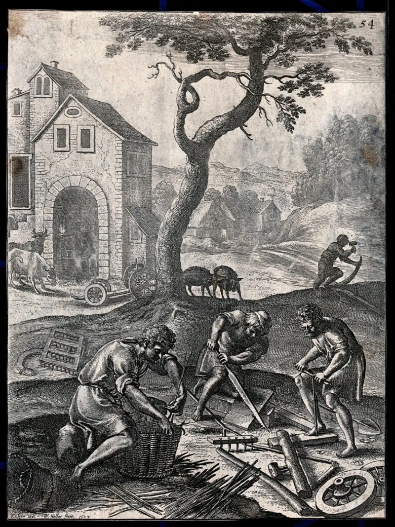 Engraving depicting farmers working in the fields, demonstrating physical labour as exercise.