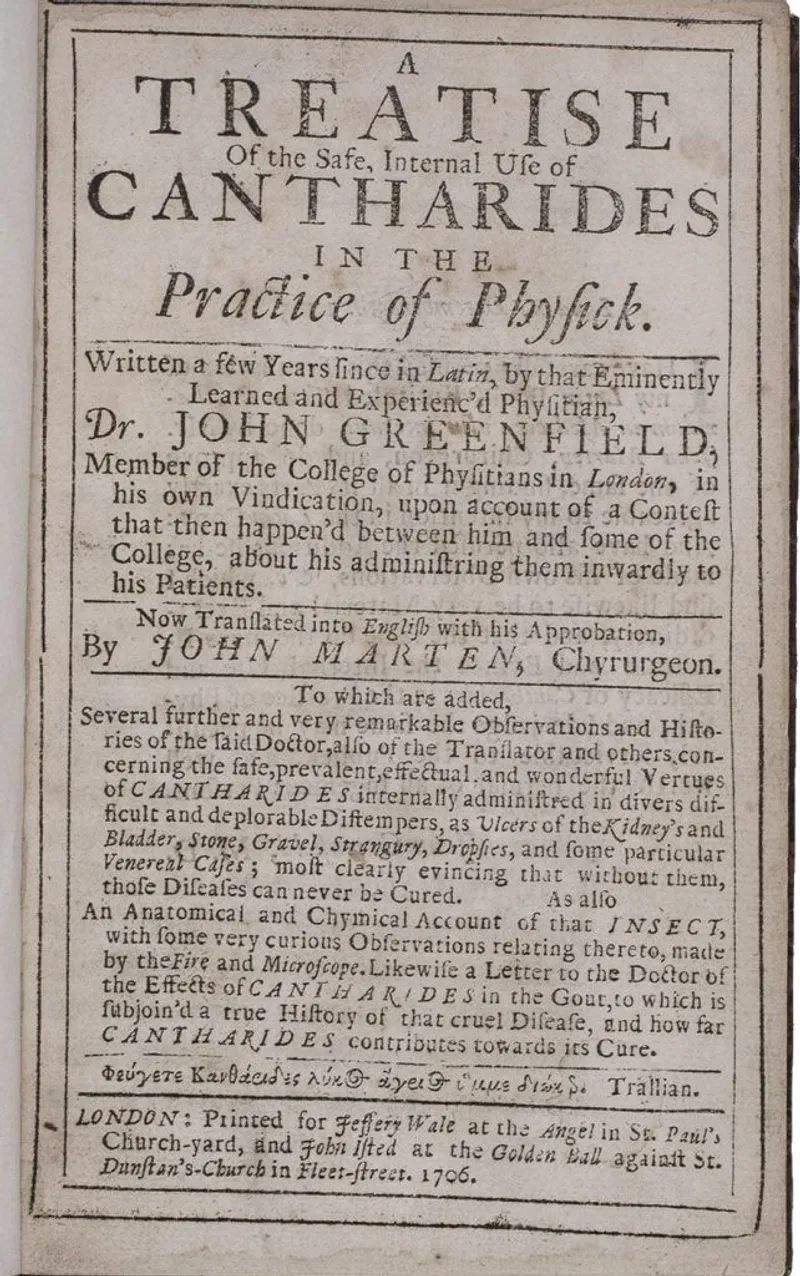 An 18th-century book on the medical uses of cantharides (‘Spanish fly’). (Credit: Biblio)