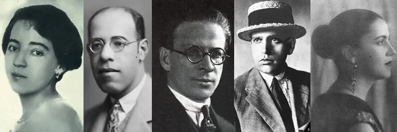 The Group of Five—key figures of Brazilian modernism: Anita Malfatti, Mário de Andrade, Menotti del Picchia, Oswald de Andrade, and Tarsila do Amaral.
