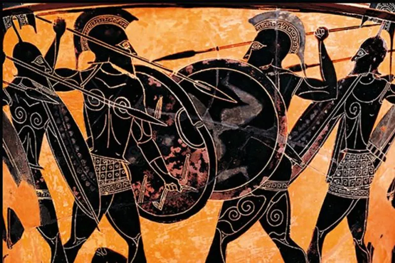 Greek soldiers (hoplite fight), c. 600 BCE. (Wikimedia commons)