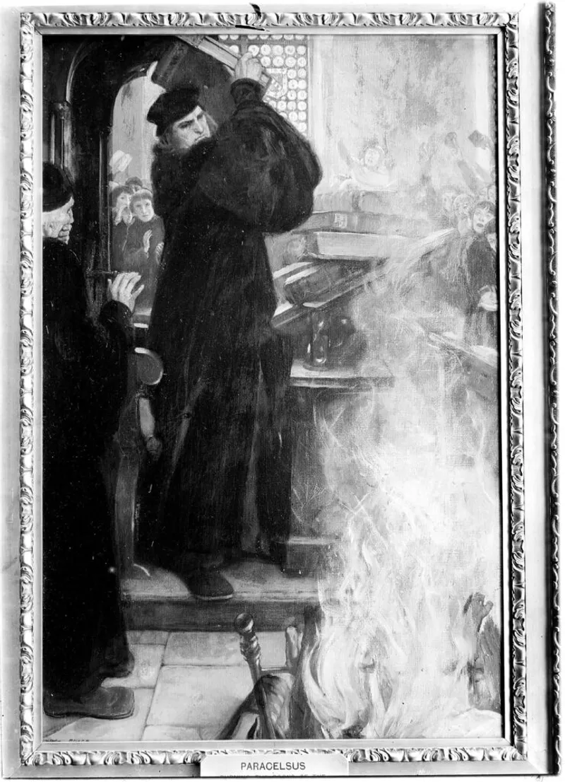 Paracelsus burning the books of the Fathers of Medicine by Ernest Board (1526) (Wellcome Images)