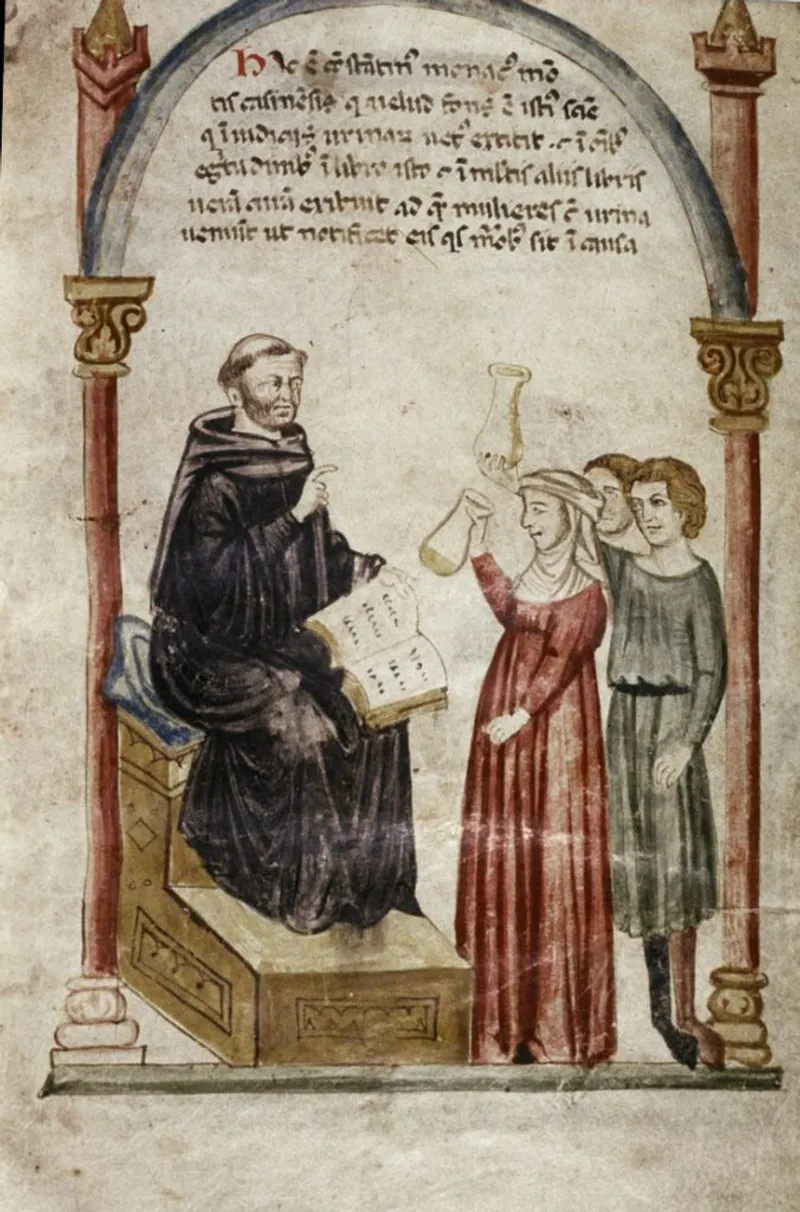  A medieval physician consulting a text while examining urine presented by a patient, showing the integration of theory and practice. From a medieval manuscript, likely 13th-14th century.