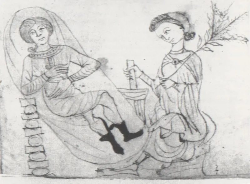 A woman prepares an abortifacient remedy with pennyroyal, presumably for the woman next to her. (Pseudo-Apuleius's Herbarium, 13th century) Credit: Wikimedia Commons.