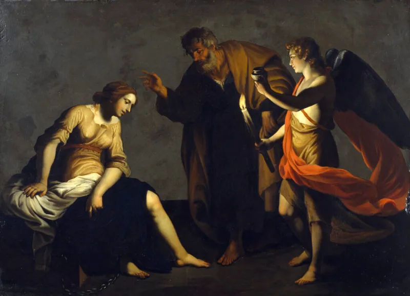 Saint Agatha healed by Saint Peter and an angel in her prison.