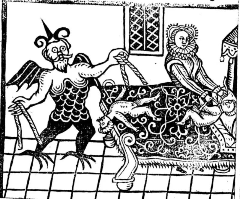 Early modern woodcut showing a demon hauling a cradle while a woman tends an infant, a common moralising image linked to infanticide in print culture.