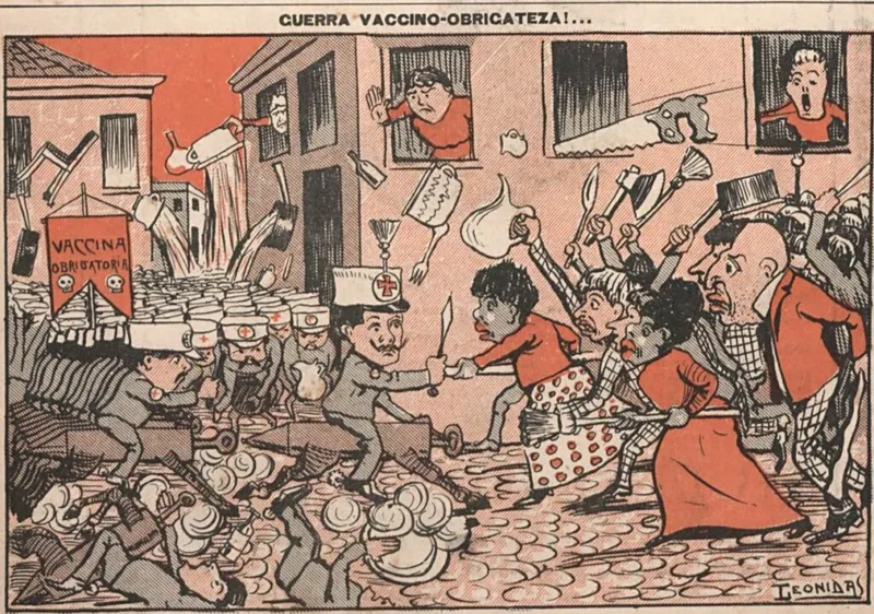 Cartoon depicting the 1904 Vaccine Revolt, satirising the clash between health officials promoting mandatory vaccination and the protesting public. (Image source: Hemeroteca Digital Brasileira)