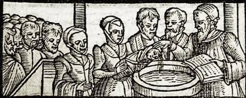 A woodcut of a baptism, in A Booke of Christian Prayers by Richard Day (1581). Credit: V&A