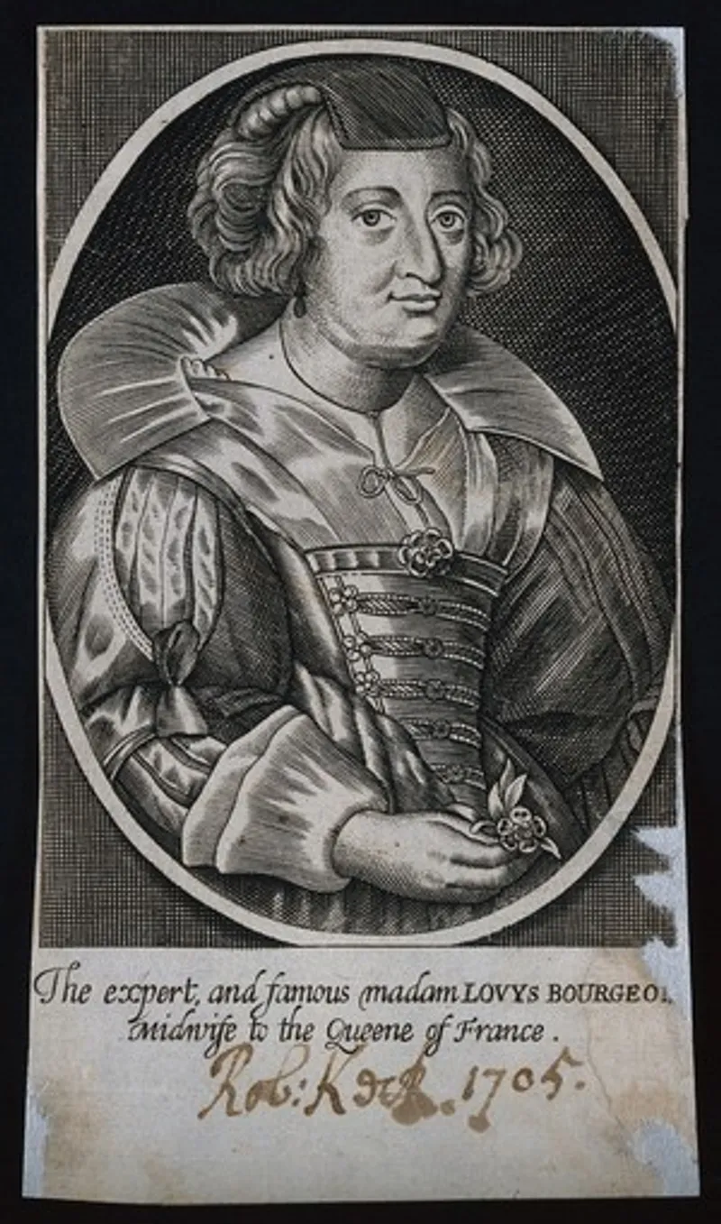 An engraving of 'The expert and famous madam Louys Bourgeois midwife to the Queene of France'. (Public Domain)