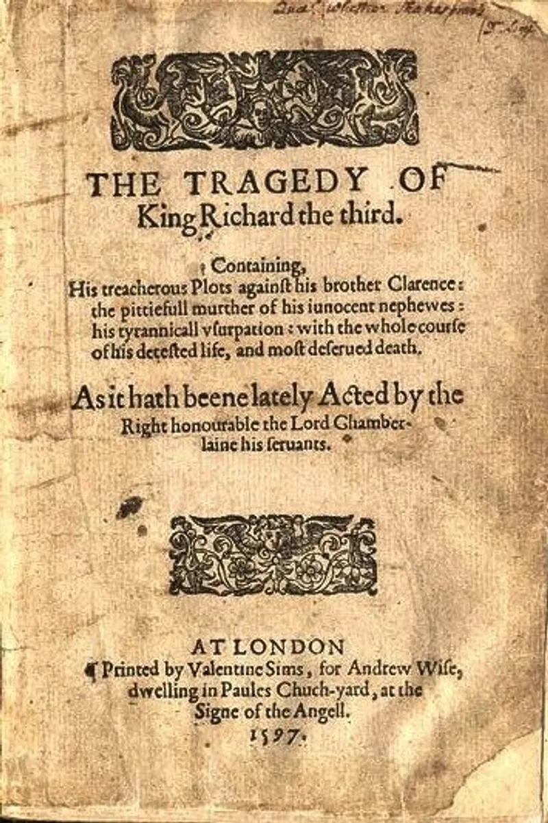 Title page of Shakespeare’s The Tragedy of King Richard III (1597), an early quarto edition exploring murder and justice. (Image credit: Wikimedia Commons)