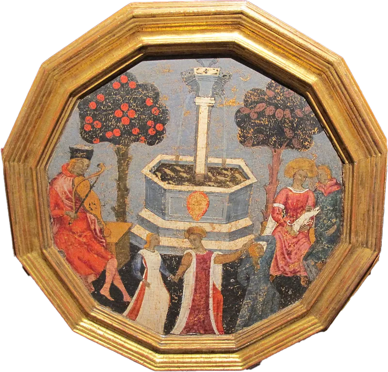 A festive birth tray scene with a harpist and symbolic imagery, representing the celebratory nature of childbirth in Renaissance Italy.