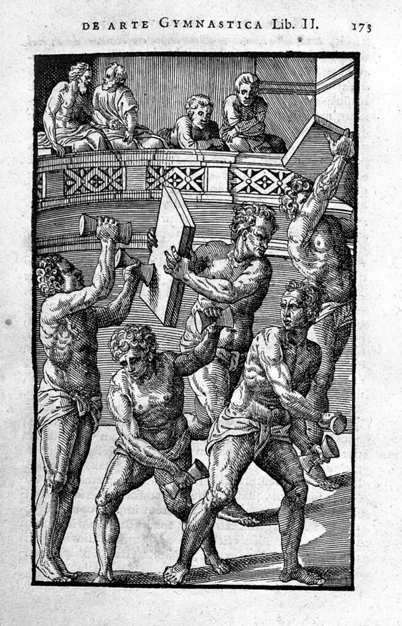 Illustration from "De Arte Gymnastica" by Girolamo Mercuriale, depicting various gymnastic exercises, 1672. Credit: Wellcome Library.