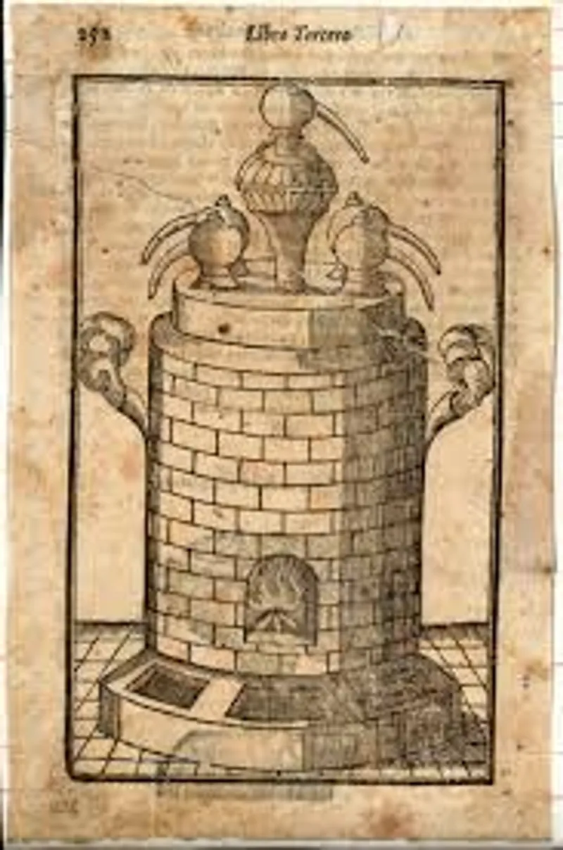 An engraving of a distillation apparatus, commonly used in Renaissance alchemy for creating various elixirs and medicinal compounds.
