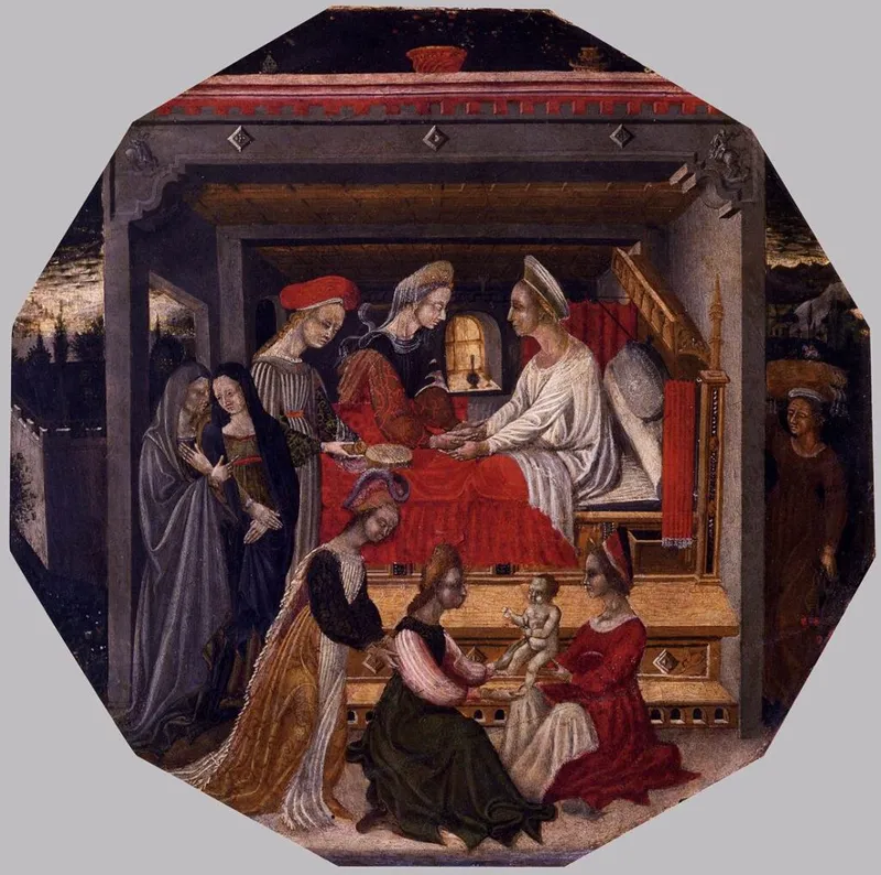 "Birth of St. John the Baptist" by Domenico di Bartolo (1440s) - A religious depiction of a birth scene emphasizing the female-centered community surrounding childbirth.