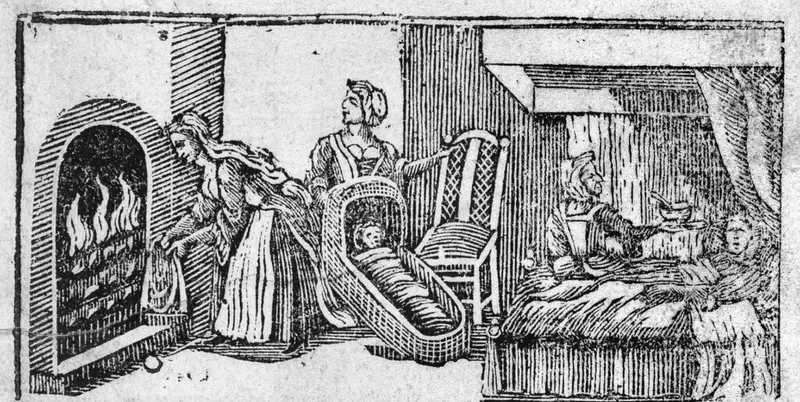 Illustration from Jane Sharp’s The Compleat Midwife’s Companion, 1671, depicting domestic childbirth and nursery care. (Image credit: Wellcome Collection, London, L0028111)