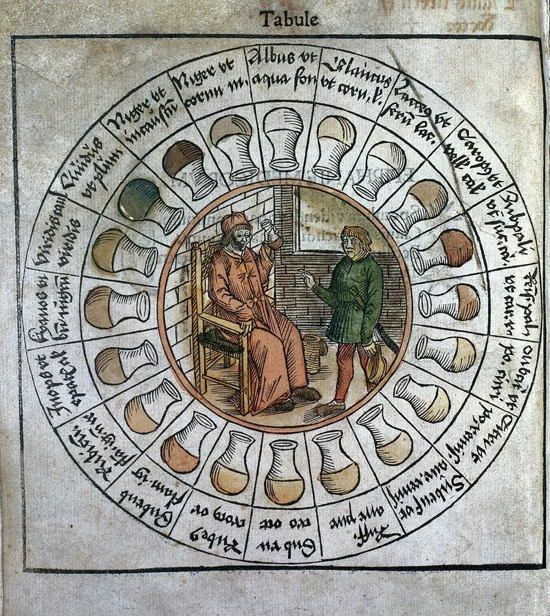 A detailed urine wheel from a 16th-century printed medical text, featuring a consultation scene in the centre and colour-coded urine samples around the perimeter. (Wellcome Collection)