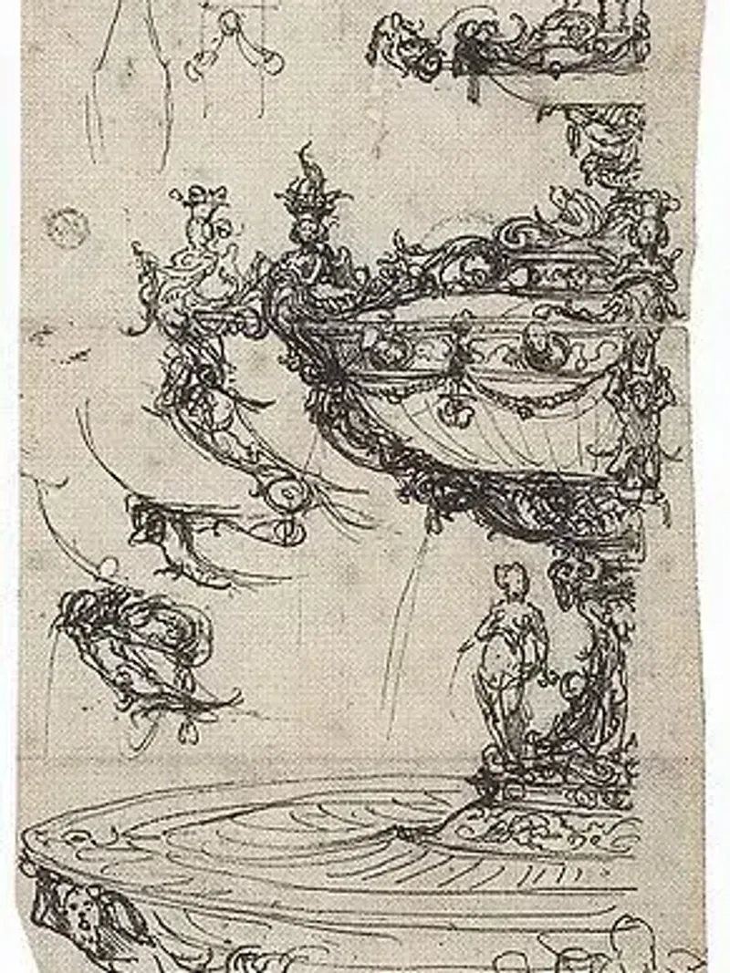 Holbein's sketch of Anne Boleyn’s silver table fountain, gifted to Henry VIII, depicts the lavish design flowing with rosewater.