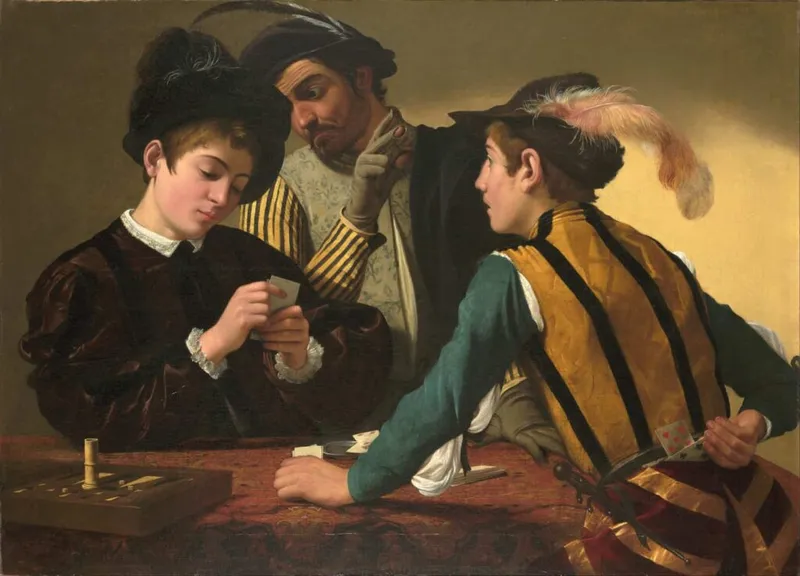 "The Cardsharps" by Caravaggio, showcasing a common card game that was popular during the Tudor period.