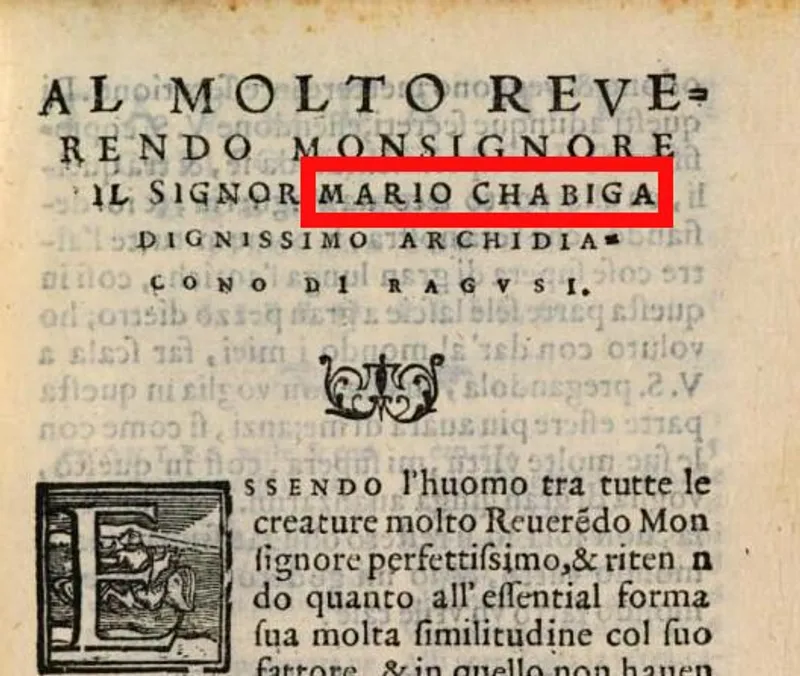 Dedication to Mario Chaboga in Cortese's book, reflecting the patronage system.