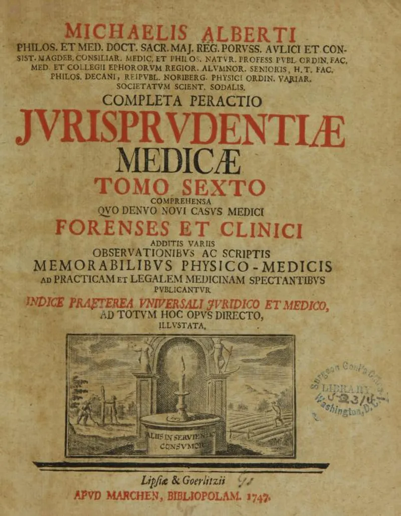 Title page of Michael Alberti’s Jurisprudentia Medica (1747), a medico-legal treatise on forensic and clinical cases. (Image credit: U.S. National Library of Medicine)