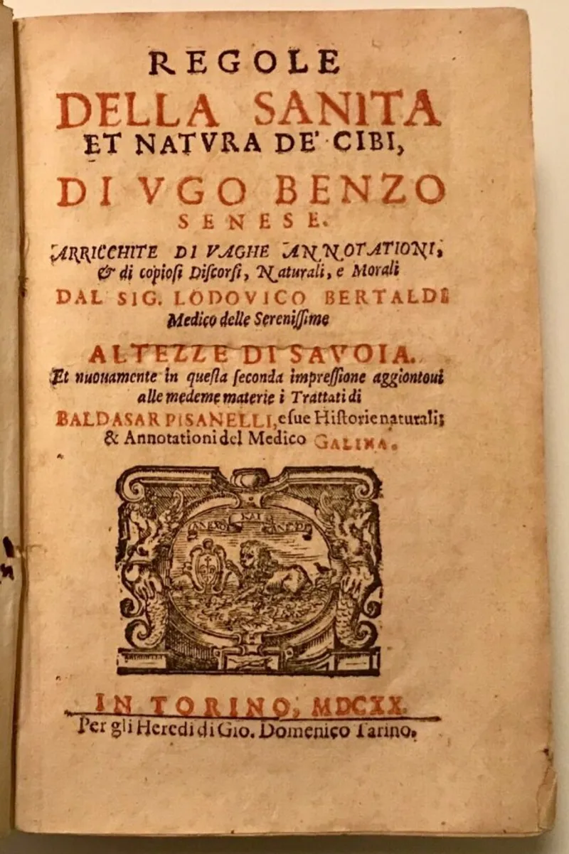 Title page of "Regole della Sanita" by Ugo Benzi, 1619.