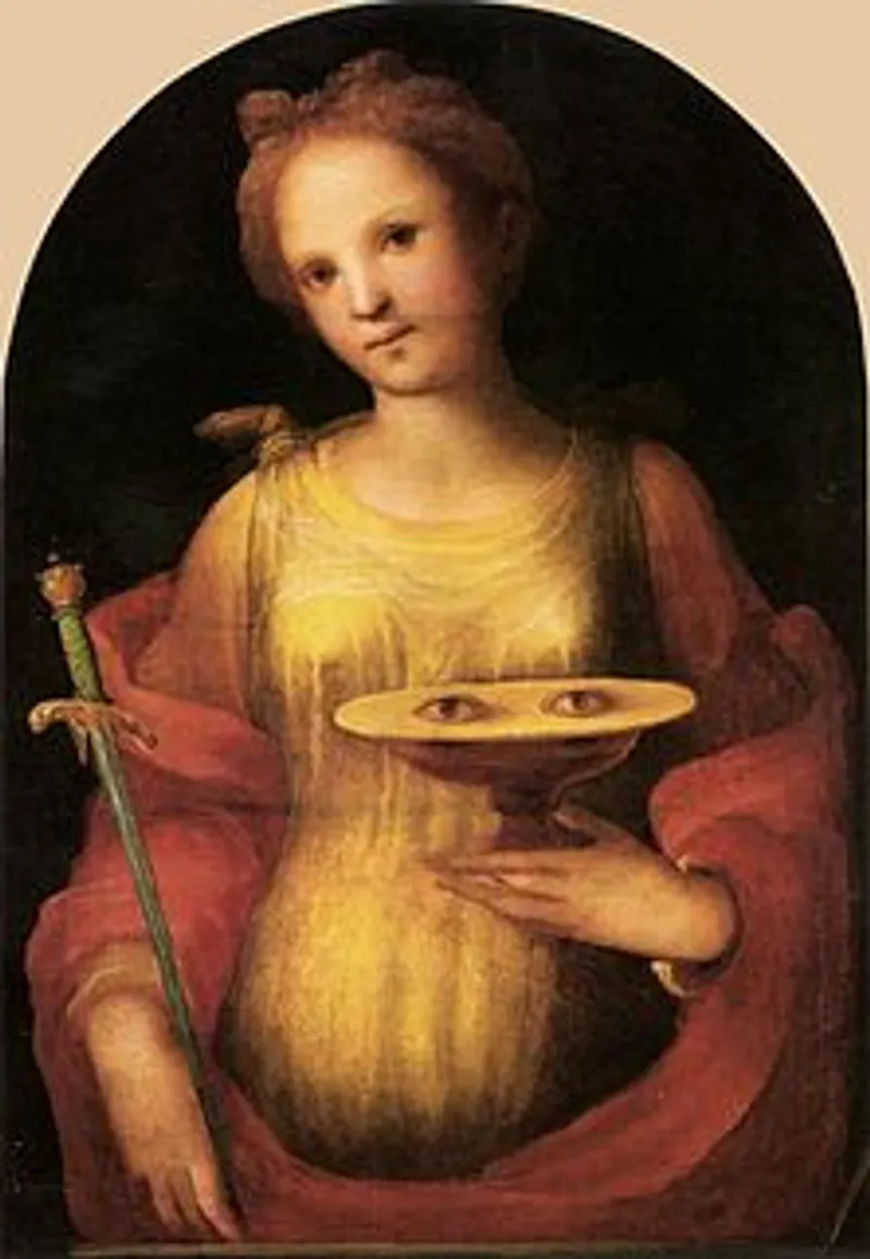 Saint Lucy holding her symbolic eyes on a plate.