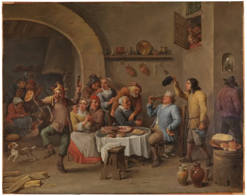 David Teniers' painting shows Twelfth Night festivities, capturing the lively celebrations of the season.