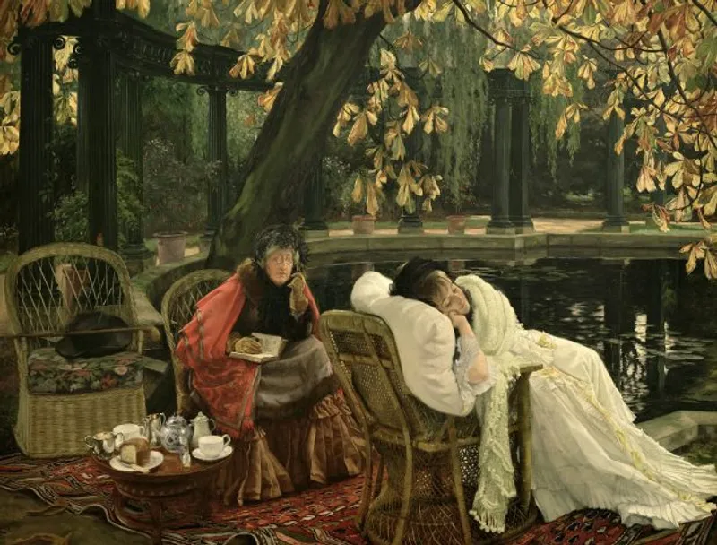 A Convalescent by James Tissot, 1876 – A woman recuperates outdoors under autumn leaves. (Image credit: Public domain)