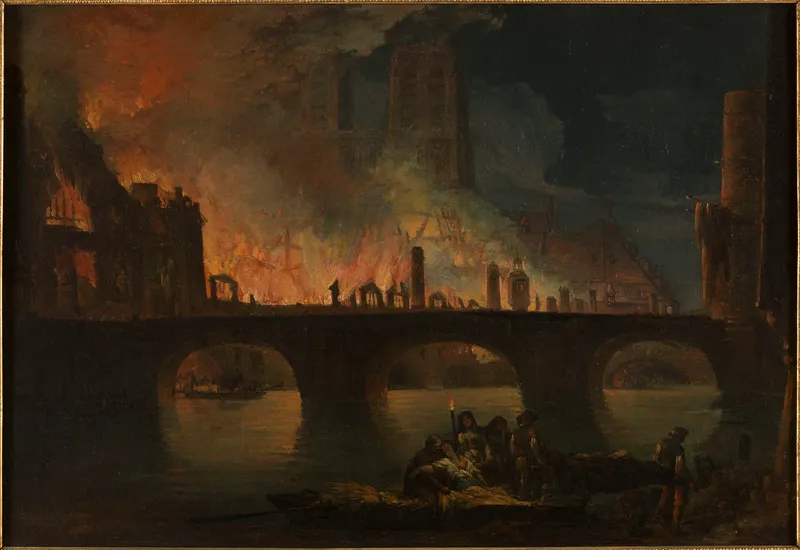 The fire at the Hôtel-Dieu seen from the Seine at night, with Notre-Dame in the background, painted by Jean-Baptiste-François Génillion in 1772.