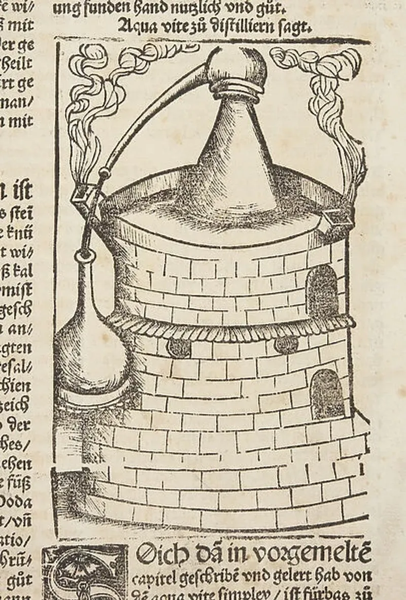 Woodcut from De Alchemia showing distillation. Credit: Public Domain