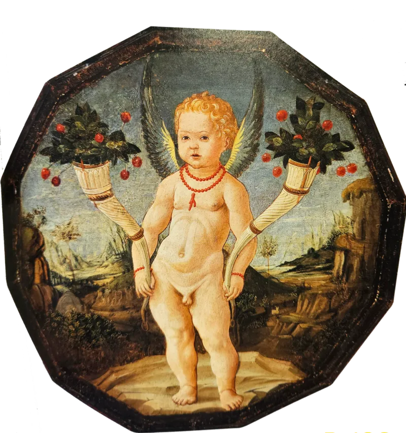A birth tray featuring a healthy baby boy adorned with a coral necklace, symbolizing the hope for a male heir and protection against evil.