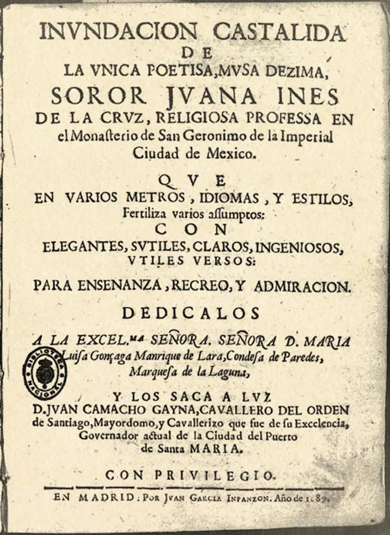 Title page of Inundación Castálida (1689), the first published collection of Sor Juana's works, dedicated to María Luisa Manrique de Lara.