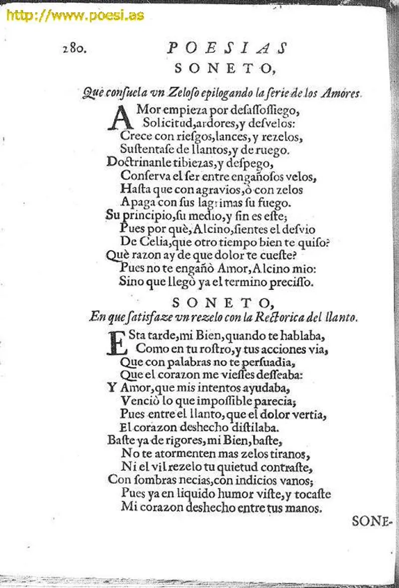 Page 280 from an early edition of Sor Juana's Poesías, showing the sonnet 'Esta tarde, mi Bien, quando te hablaba'.