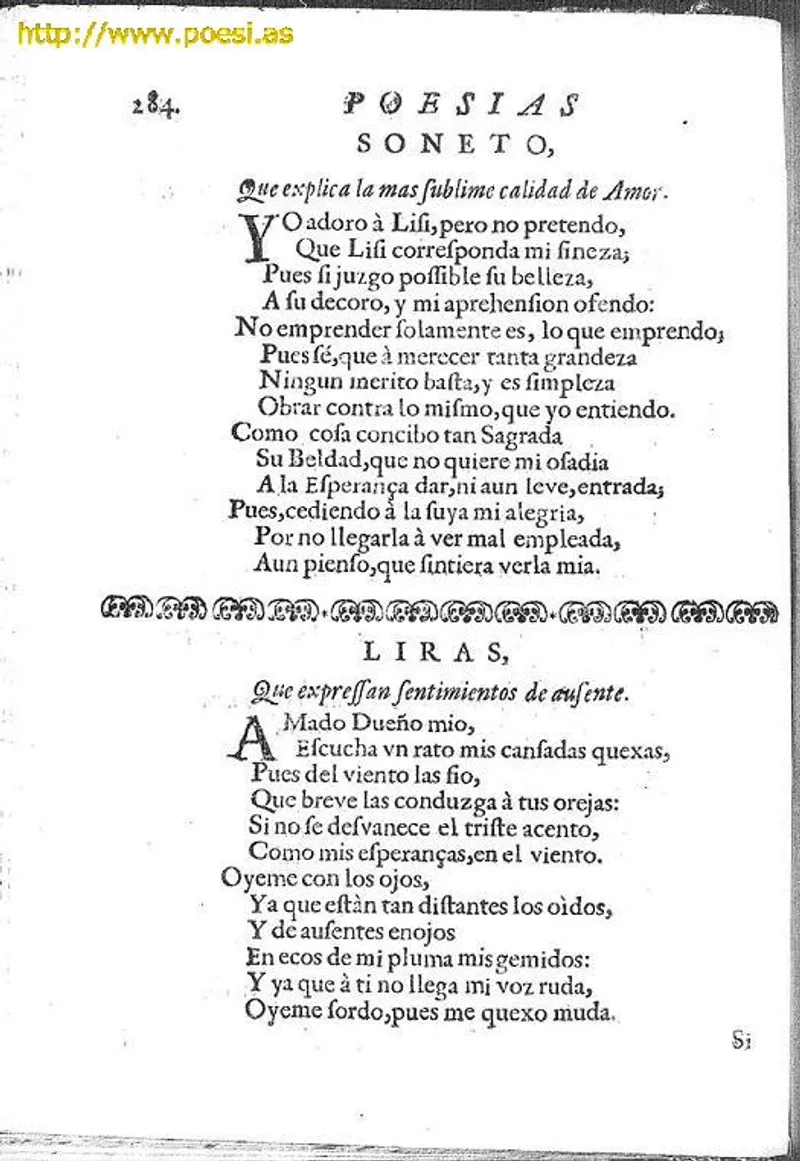 Page 284 from an early edition of Sor Juana's Poesías, showing the sonnet 'Yo adoro à Lisi, pero no pretendo'.