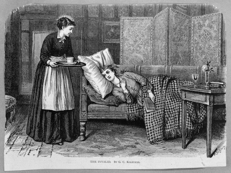 Victorian painting showing a woman reclining on a couch while an attendant brings her food on a tray