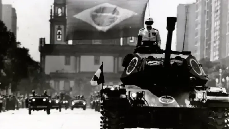 Military tanks patrol the streets of a Brazilian city during the height of the military dictatorship
