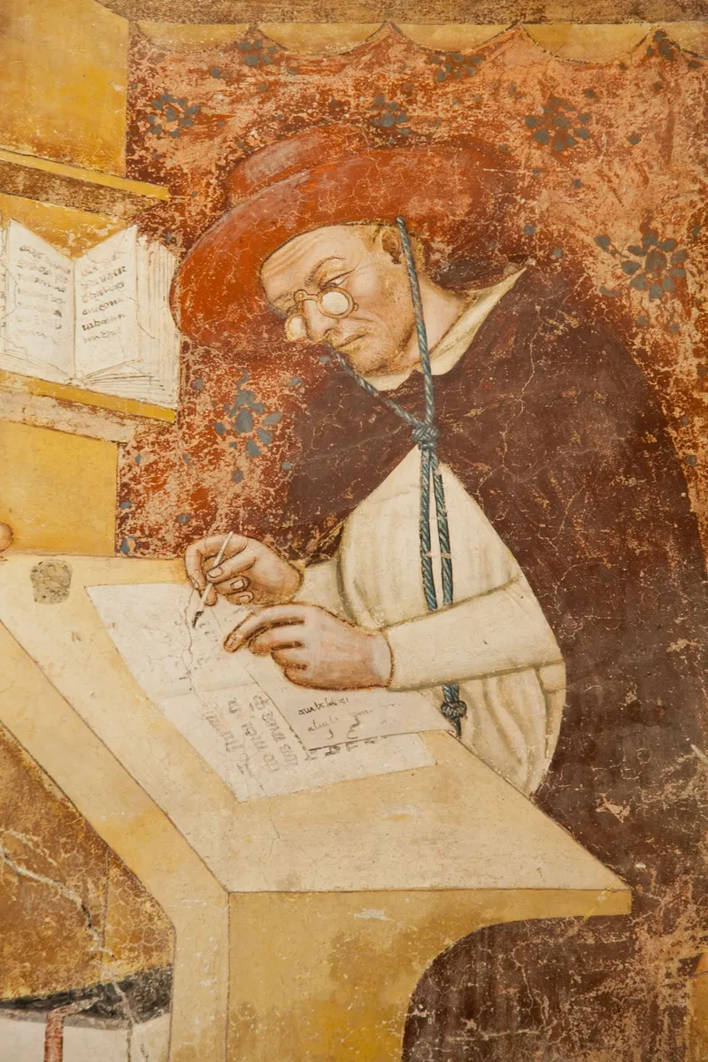 Fresco by Tommaso da Modena showing Cardinal Hugh of Saint-Cher wearing spectacles, painted in 1352