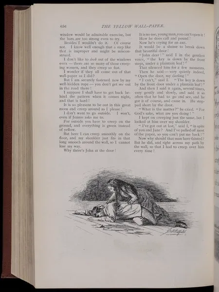 Jo. H. Hatfield illustration from 1892 showing a woman creeping on the floor beside patterned wallpaper